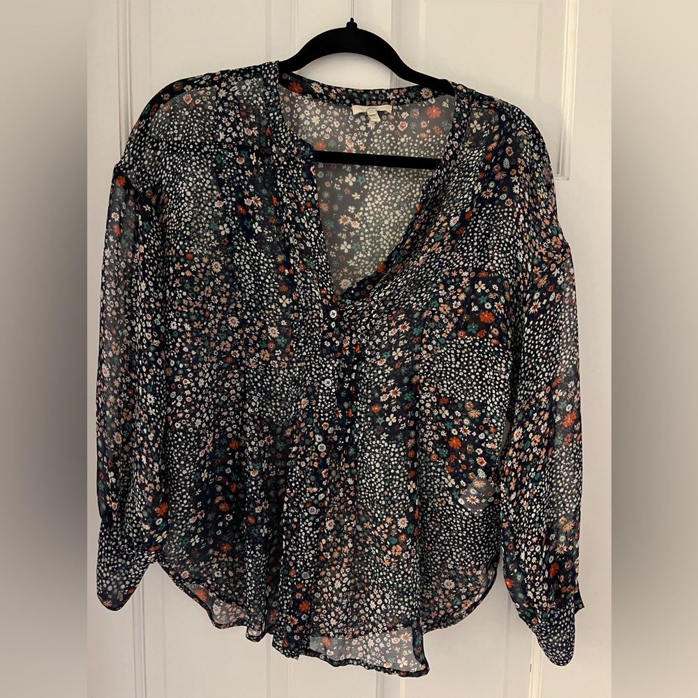 Joie sheer silk floral top in dark navy